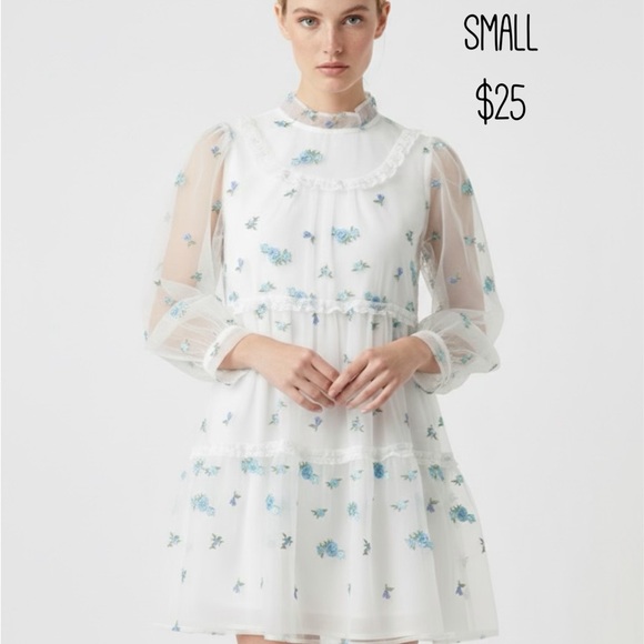 Sister Jane Dresses & Skirts - Sister Jane White Dress with Blue Floral Embroidery